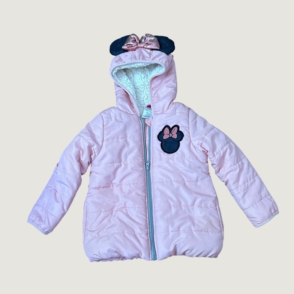 Disney Minnie Mouse Puffer Jacket Girls Pink Ears Bow Faux Fur Lined SIZE 5